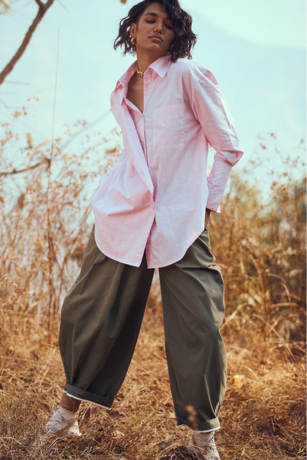 Pink Checked Double-Breasted Cotton Shirt — Unrush
