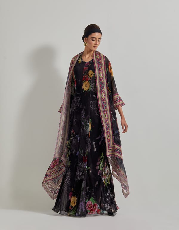 Black Botanical Printed Maxi Dress with Sheer Cape Jacket — Kavita Bhartia