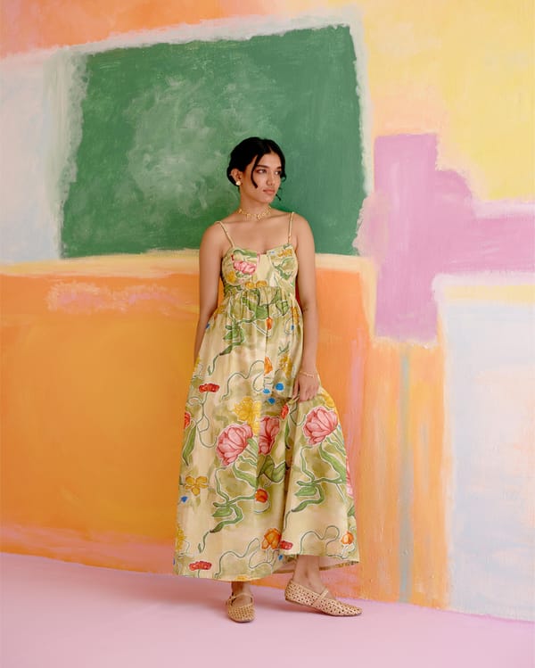 Green/Pink Floral Fit and Flare Cotton Poplin Maxi Dress — HAPPI SPACE
