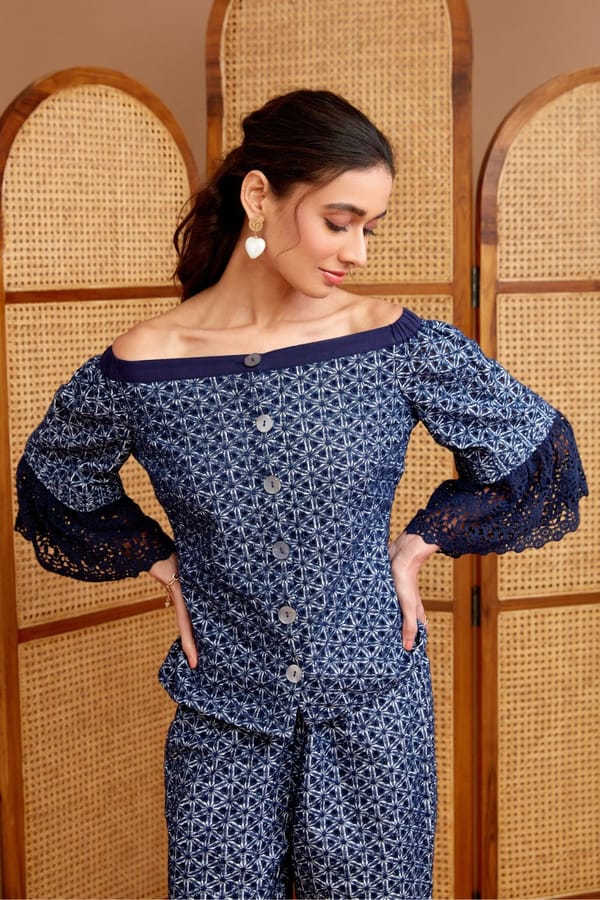 Navy Off-Shoulder Broderie Anglaise Peplum Blouse — BOHO-CHIC
