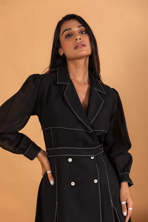 Black Linen Blend Belted Midi Shirt Dress — Savaaya