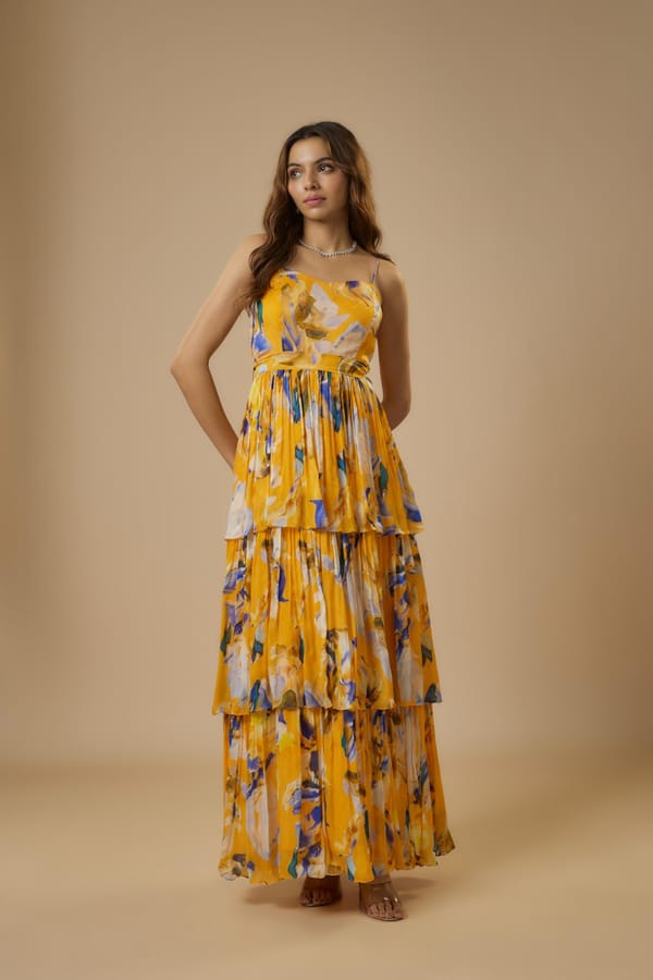 Yellow Abstract Print Tiered Ruffle Maxi Dress — EWOKE STUDIO