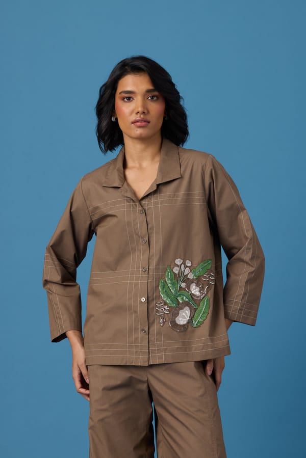 Earth Brown Cotton Poplin Appliqué Shirt — 63East