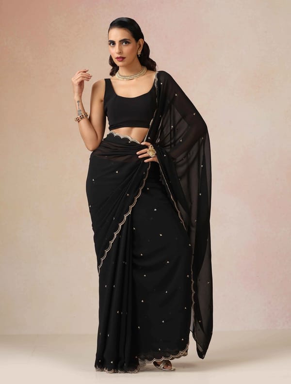 Georgette Embroidered Saree With Unstitched Blouse — Truebrowns