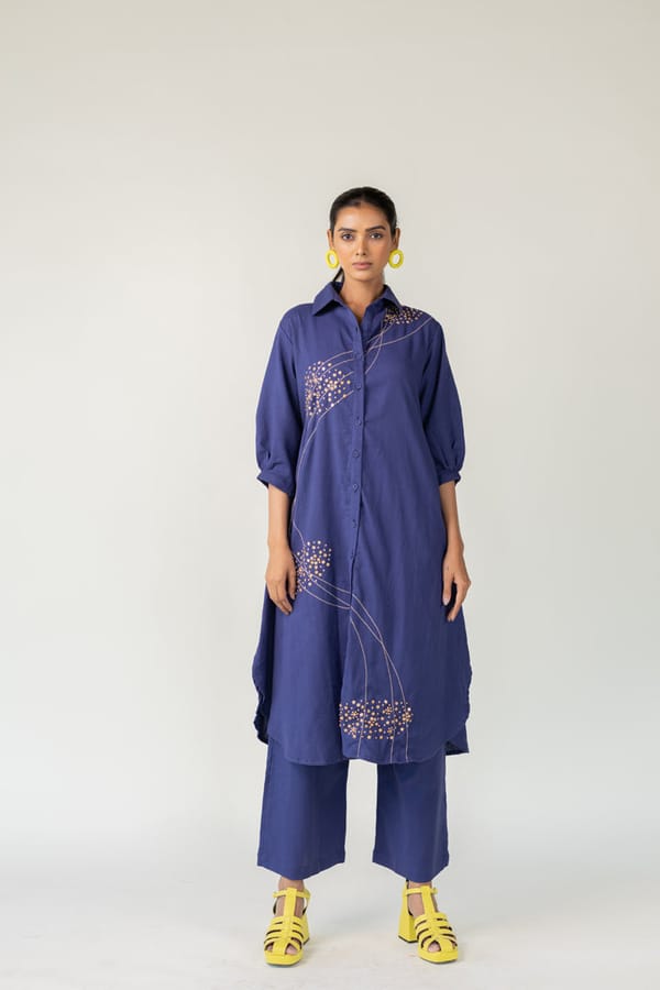 Indigo A-Line Button-Down Kurta Set With Embroidery — Silai studio
