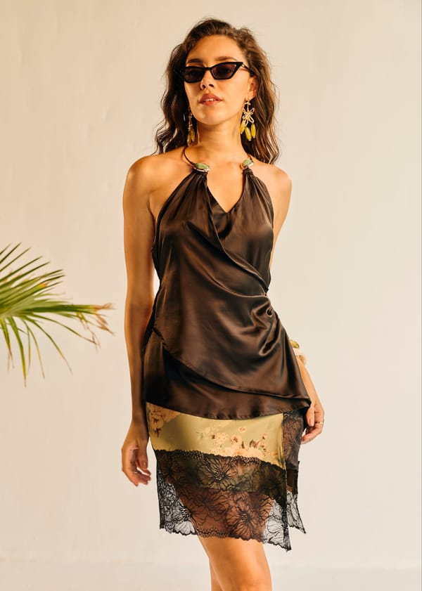 Black Satin Halter Top with Draped Front and Open Back — Lea Clothing