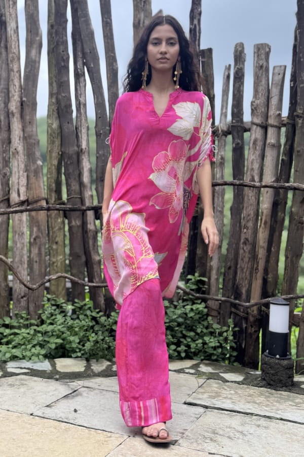 Pink Crepe Floral Printed Kurta Set with Straight Pants — Basil Leaf