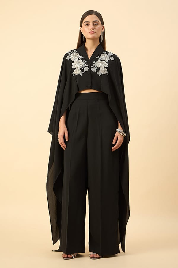 Black Embroidered Crop Blazer and Wide-Leg Pant Co-ord Set — Aakaar