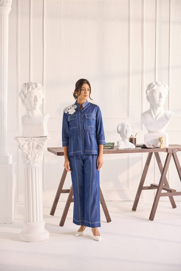 Denim Blue Lace Applique Co-ord Set with Wide-Leg Pants — Shivya K