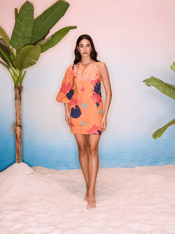 Peach Linen One-Shoulder Lotus Print Mini Dress — GUAPA