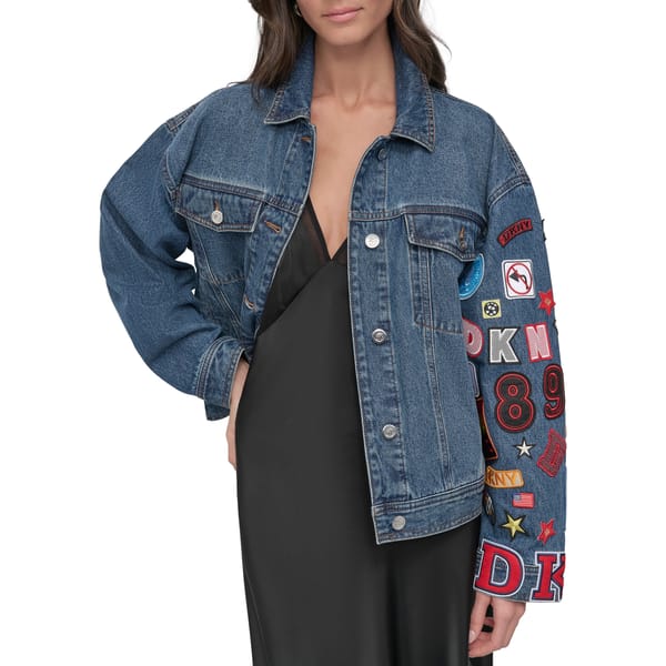 Ludlow Wash Denim Jacket with Graphic Patch Sleeve — DKNY