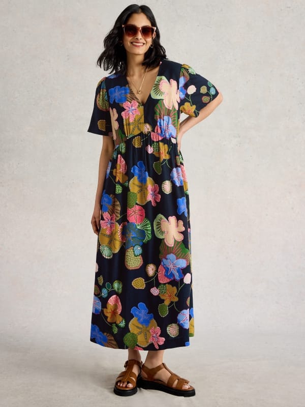 Navy Multi Floral V-Neck A-Line Midi Dress — White Stuff
