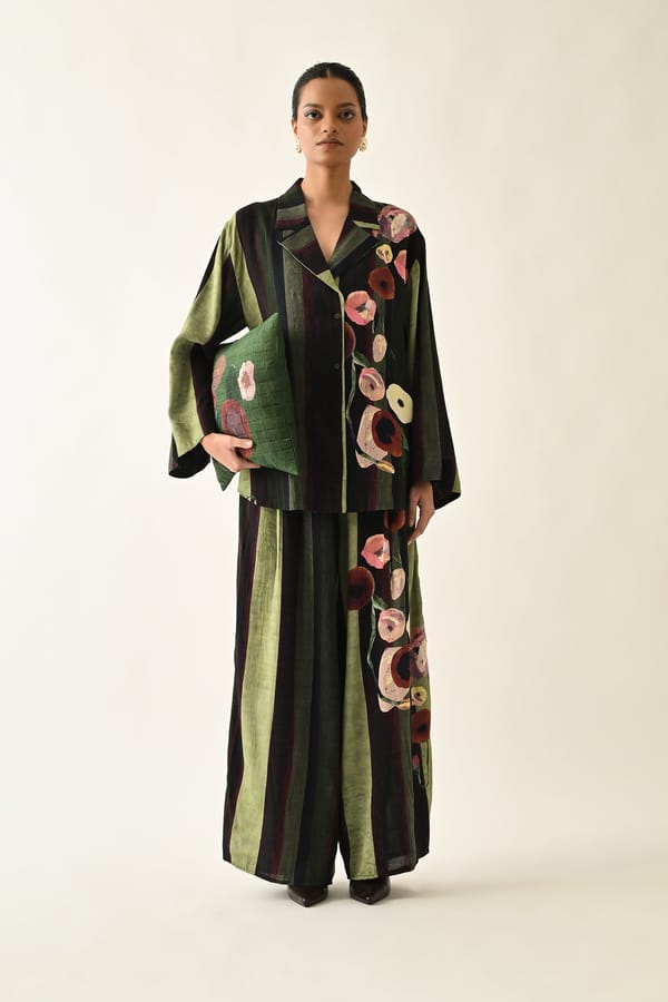 Green Striped Abstract Print Cotton Shirt Jacket — Ofrida