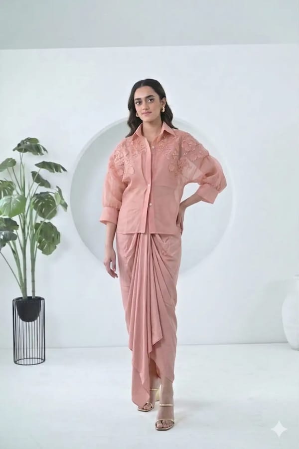 Blush Pink Embroidered Shirt and Draped Maxi Skirt Co-ord — RUCHIKA MALLIKA LABEL