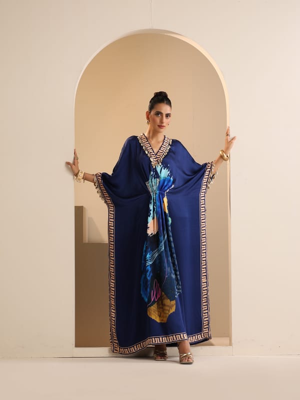 Blue Hand-Painted Abstract Modal Satin Kaftan — Sakshi G Chawla