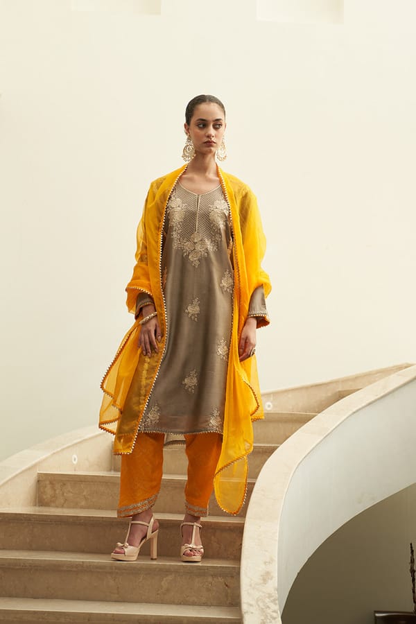 Taupe-Beige Embroidered Chanderi Silk Kurta Set — Chakkraa