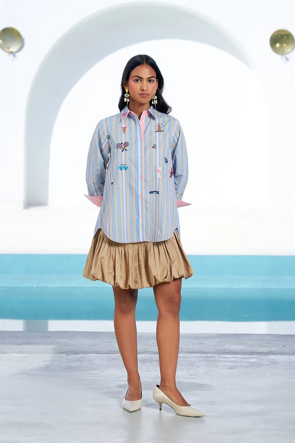 Blue Striped Cotton Shirt with Embroidered Motifs — STITCH STORIES