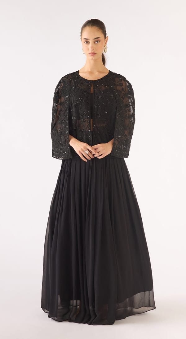 Black Georgette Embroidered Sharara Co-ord Set with Jacket — Basanti Kapde aur Koffee