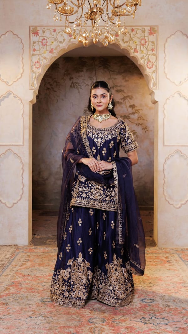 Navy Gul Embroidered Sharara Set — Kylee Fashions