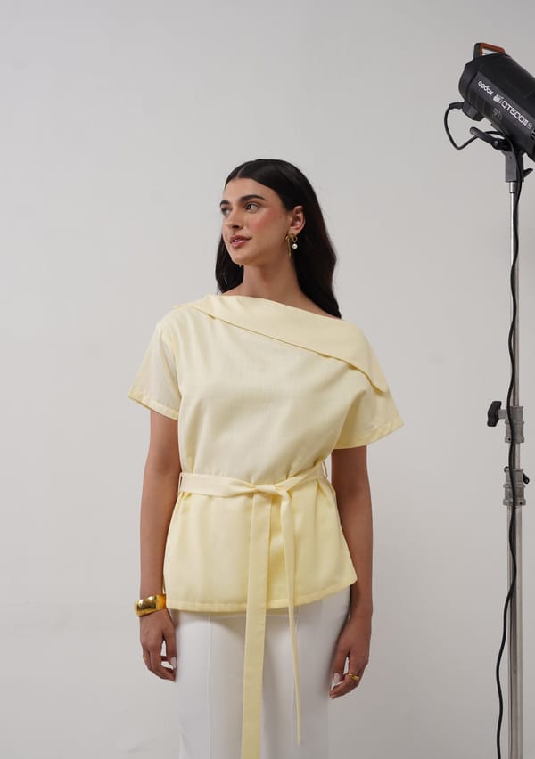 Butter Yellow One-Shoulder Relaxed-Fit Belted Top — AMOSHI