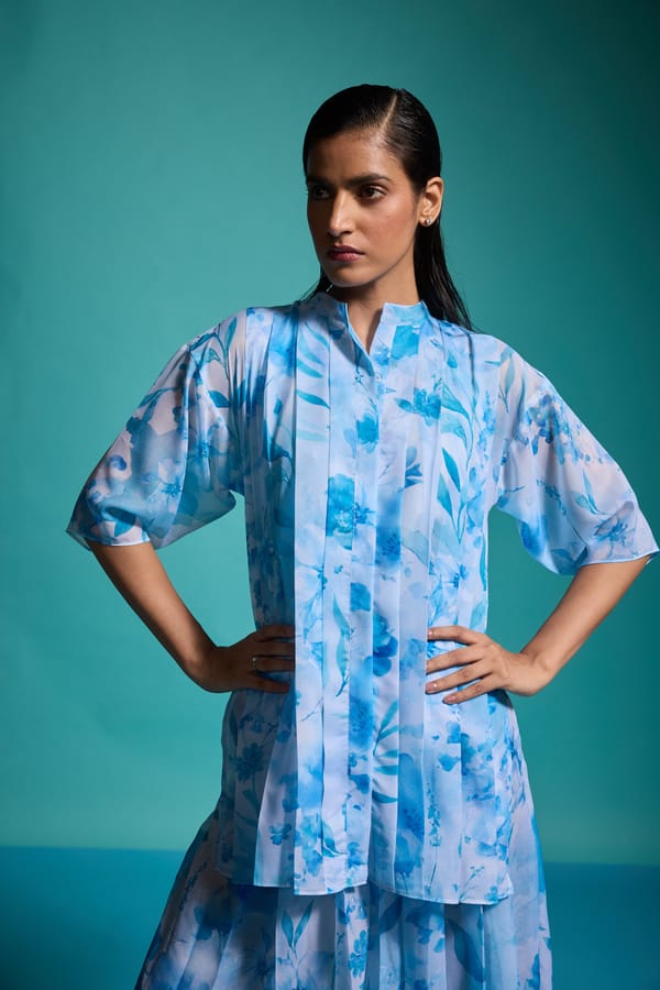 Tonal Blue Floral Printed Pleat Shirt Top — Dash and Dot