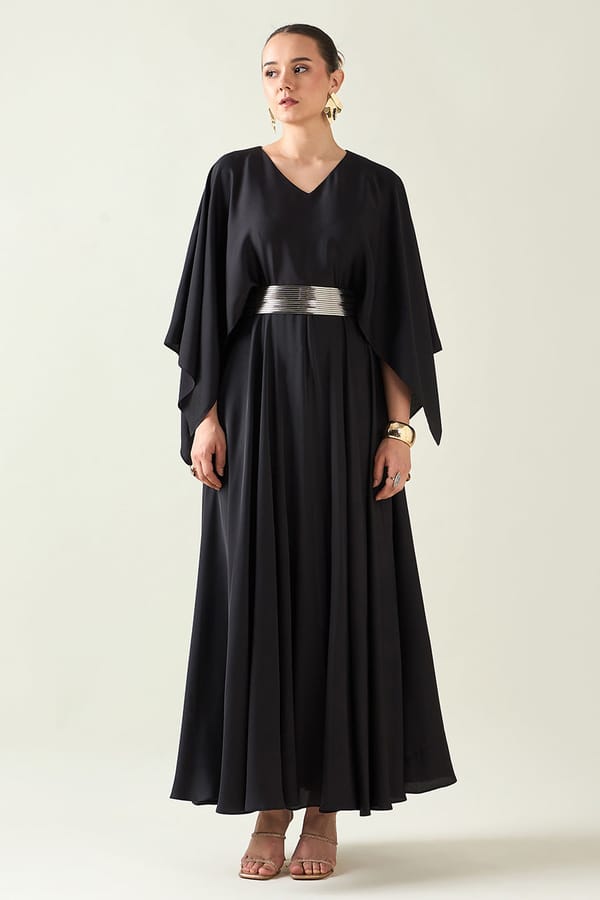 Coral Black Dress With Belt — Aakaar