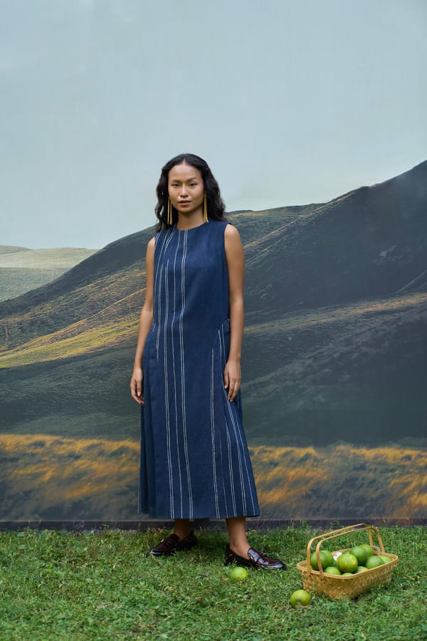 Denim Blue Striped A-Line Maxi Dress with Pleated Panels — ALTER NATIVE