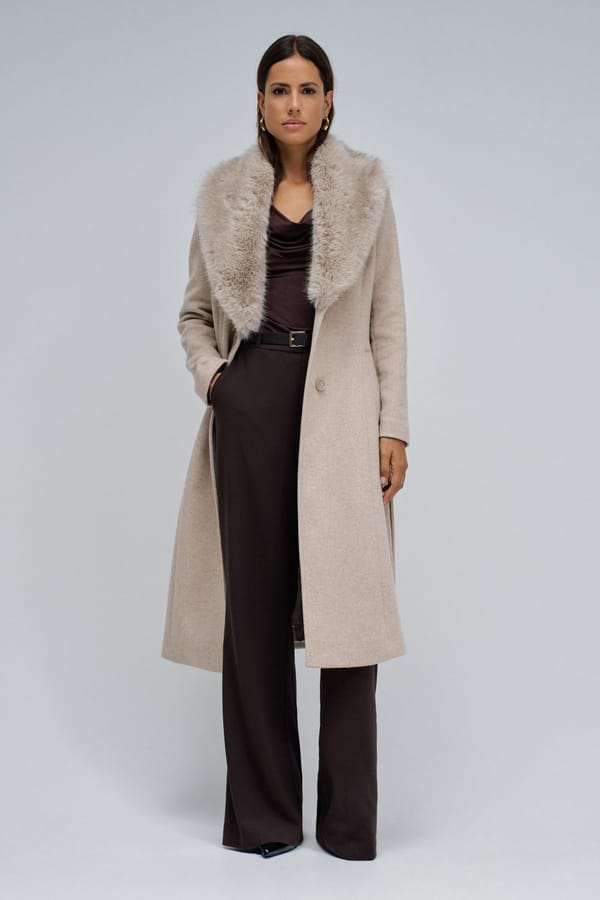 Medium Beige Longline Coat with Faux-Fur Collar — SALSA JEANS
