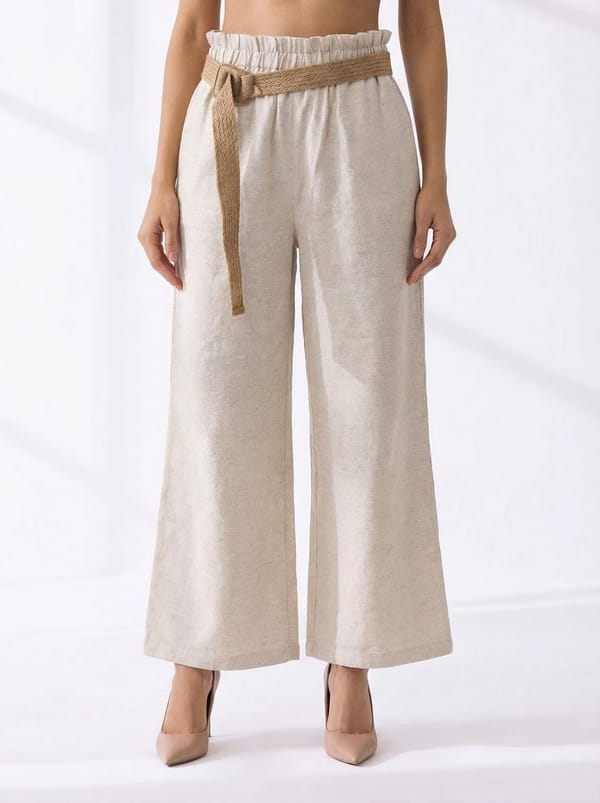 Beige Paperbag Waist Wide-Leg Trousers with Belt — ASPRIN FASHION