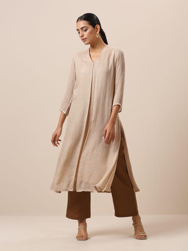 Beige Linen Textured V-Neck Kurta Pant Set — Truebrowns