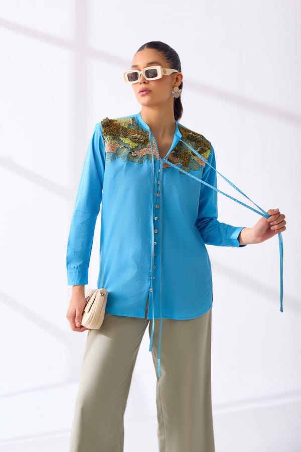 Sky Blue Cotton Satin Shirt with 3D Yoke Embroidery — Our Love