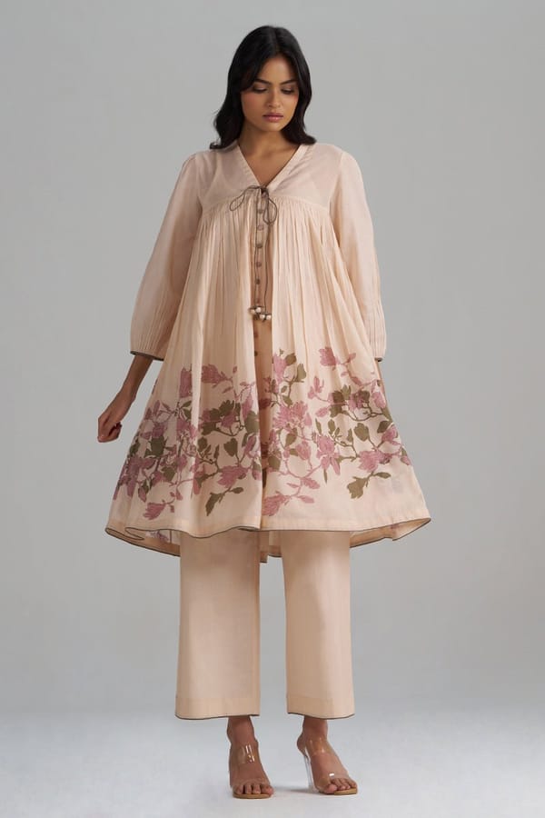 Baby Peach Mul-Mul Floral Kurta and Pant Co-ord Set — Ganga Fashions Pvt Ltd