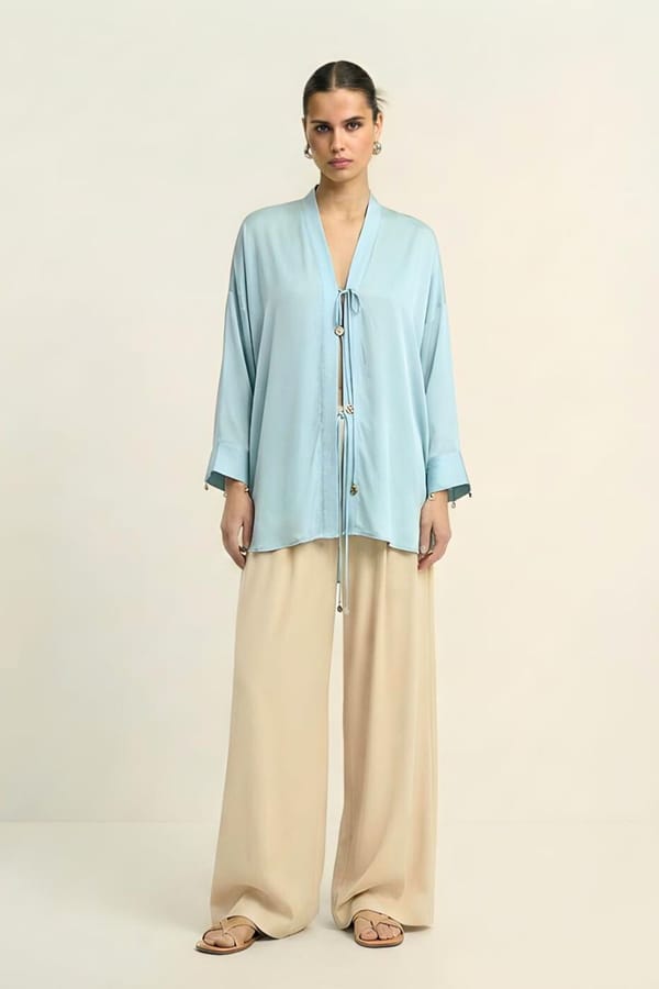 Tropical Breeze Blue Wrap-Front Tie-Up Silk Blouse — Neora