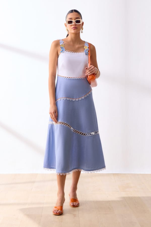 White and Blue Colorblock Fit and Flare Midi Dress — Our Love