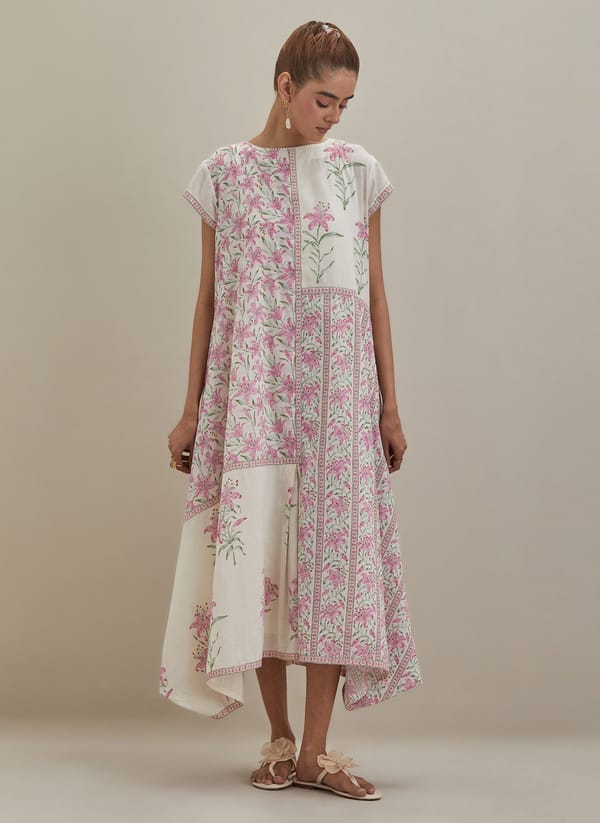 Off White Cotton A-Line Dress Block Print — Upavita