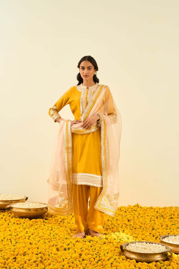 Glaze Mustard Princess Cut Kurta Set with Salwar and Dupatta — Sheetal Batra
