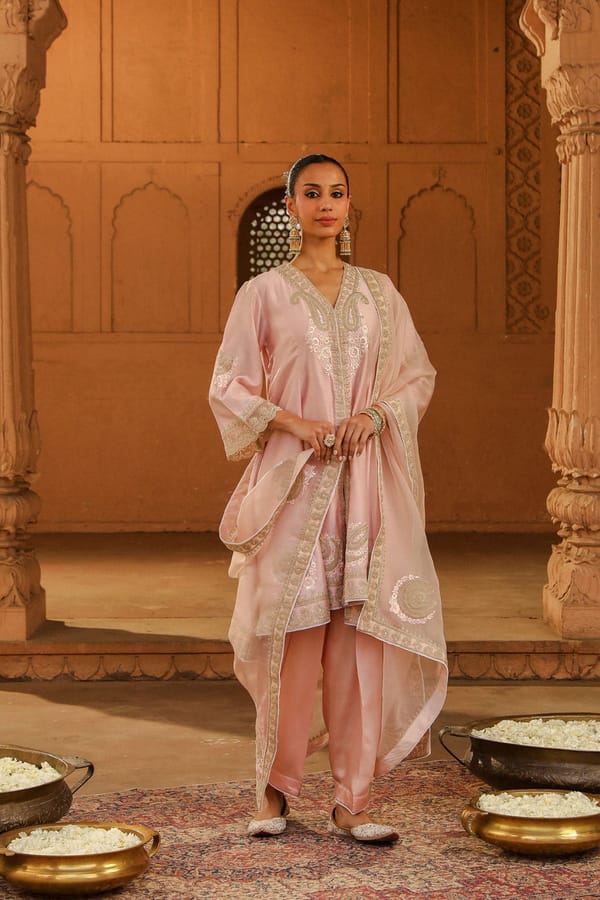 Blush Pink Short Anarkali Suit Set with Embroidered Dupatta — Sheetal Batra