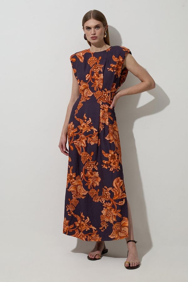 Navy Floral Linen-Blend Maxi Dress with Pintuck Waist — KAREN MILLEN