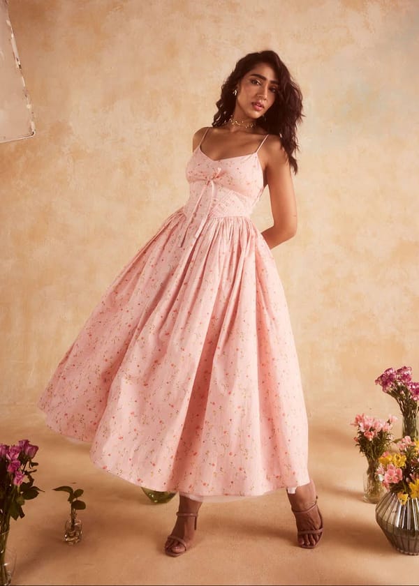 Pink Floral Corset Fit and Flare Midi Dress — Lea Clothing