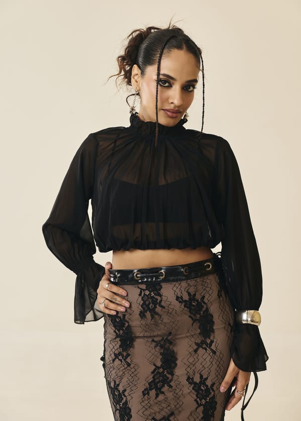 Rosalind Black Sheer Ruffle-Neck Blouse — Lea Clothing