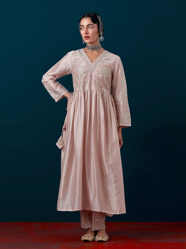 Old Rose Silk Chanderi Embroidered Yoke Kurta Set — Anantaa