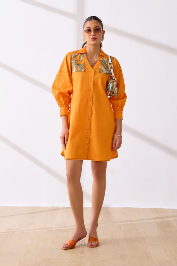 Orange Cotton Poplin Mini Shirt Dress with Statement Sleeves — Our Love
