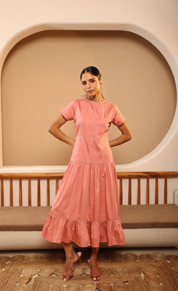 Blush Pink Cotton Satin Embroidered Midi Dress — MANVI DAGA STUDIO