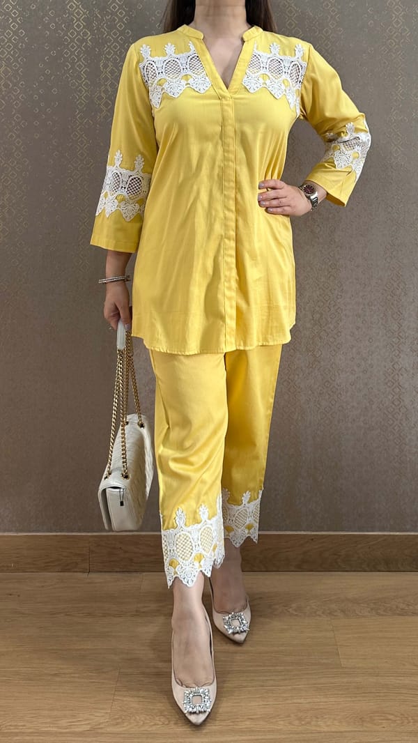 Lemon Cotton Lace Shirt and Pant Co-ord Set — Kylee Fashions