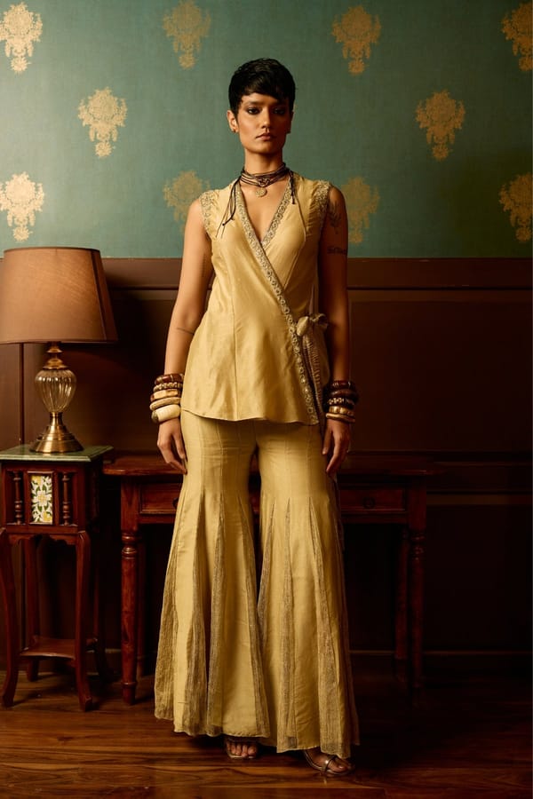 Sage Green Silk Chanderi Wrap Peplum and Garara Set — Reeti Arneja