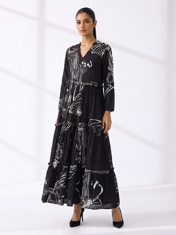 Black Abstract Printed Tiered Maxi Dress — Esha Arora