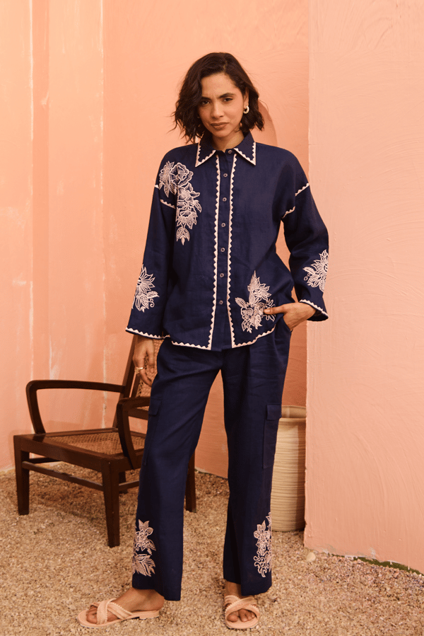 Navy Linen Embroidered Shirt and Flared Pants Co-ord Set — Armoire