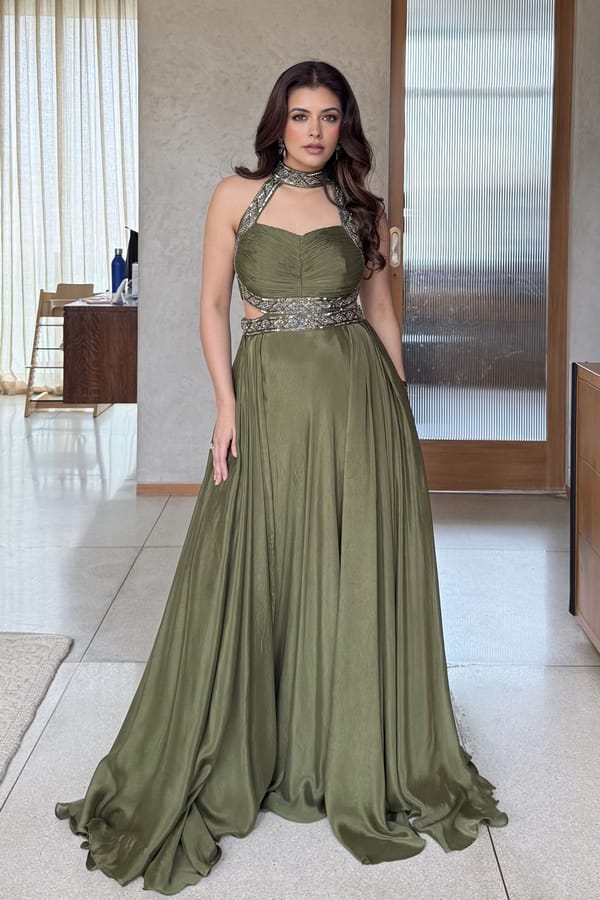 Dusty Olive Green Chiffon Halter-Neck Maxi Gown — QUNIC
