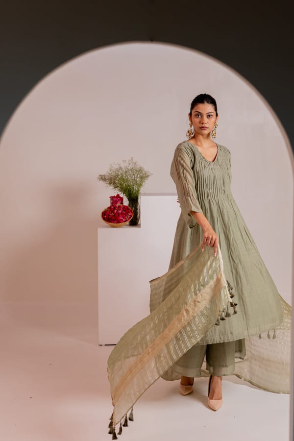 Sage Green Chanderi Pleated Kurta Set with Dupatta — Silai studio
