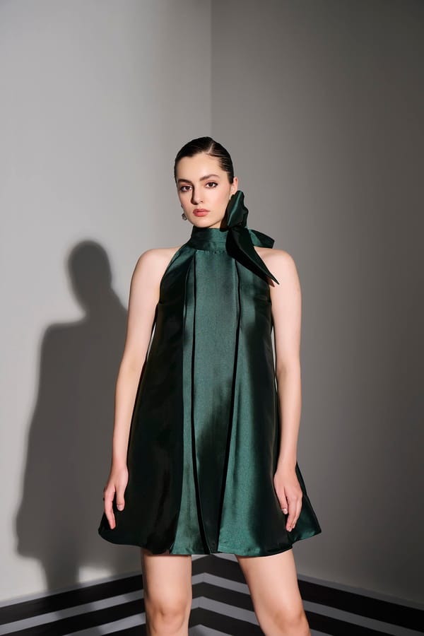 Emerald Halter Neck Bow Detail A-Line Mini Dress — Label IRIS